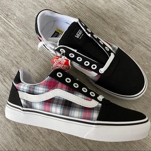 Black and red plaid Vans sneakers